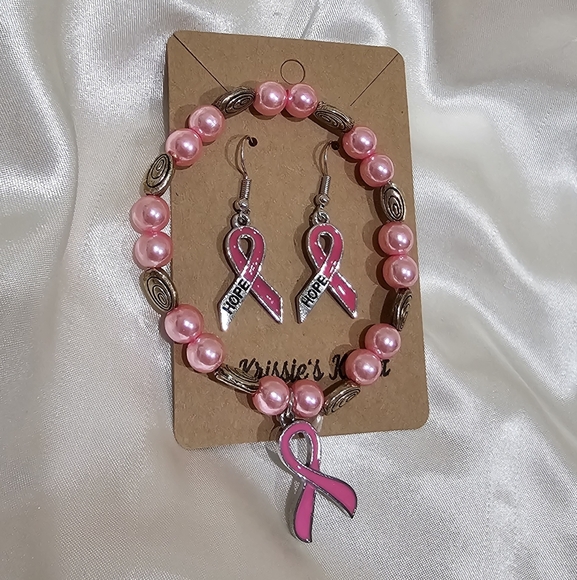 Jewelry - Pink Ribbon Breast Cancer Awareness Jewelry Set Earrings, Bracelet, pin stickers